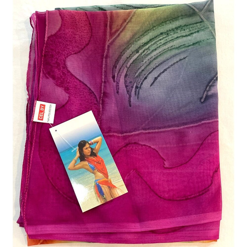VTG 90s Caribbean Sunset Village Sarong Bathing Swimsuit Cover Up Wrap India NIB - Picture 2 of 10
